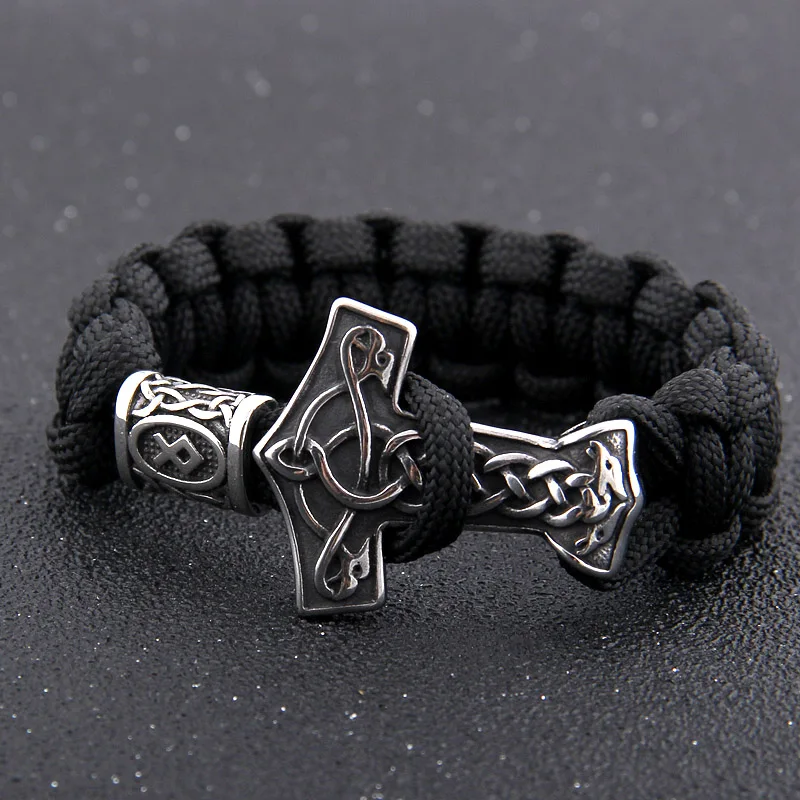 Dropshiping 316L stainless steel handmade Viking thor\'s hammer bracelet Celtic knot rune beads as man gift