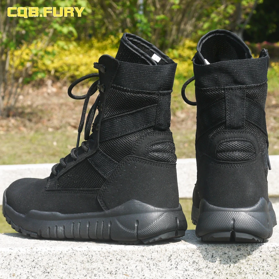 CQB.FURY Summer Super Light Breathable Mens Black Suede Leather Boots Wearable Mesh Boots