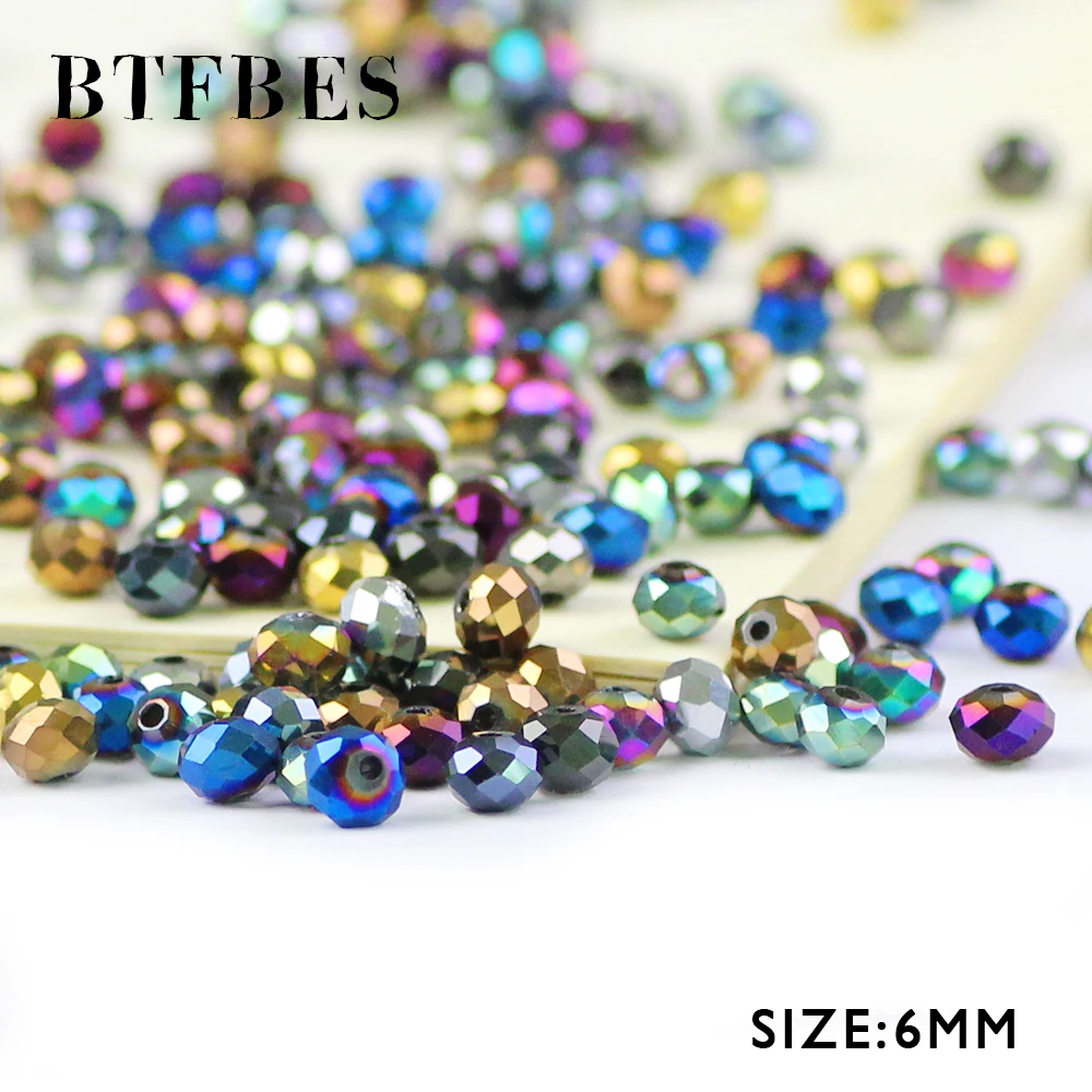 BTFBES 6mm Faceted Flat Round Austrian Crystals Loose Bead 50pcs Plating Glass Ball for Bracelets Jewelry Making DIY Accessories