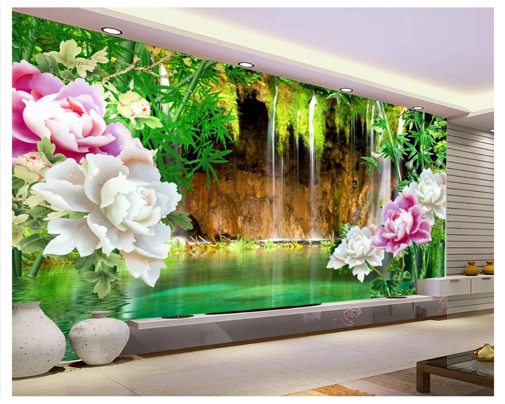 beibehang Jade Water Curtain Waterfall Bamboo Peony TV Wall Decorative Painting papel de parede wallpaper for walls 3 d behang