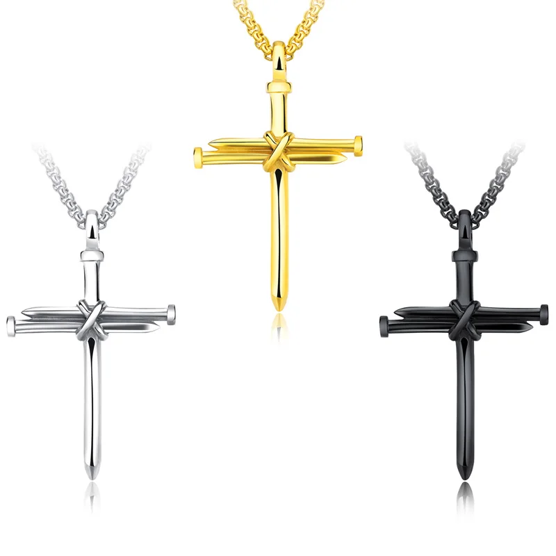 Men\'s Womens Antique Stainless Steel Nail Charm Cross Necklace Pendant Polished Gold Black Color