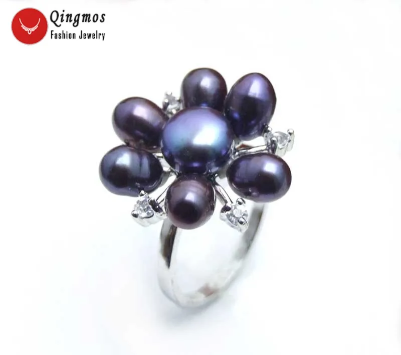 Qingmos Fashion Natural Black Pearl Ring for Women Jewelry with Black 5-6mm Rice Freshwater Pearl Flower #9 Ring Jewelry rin24