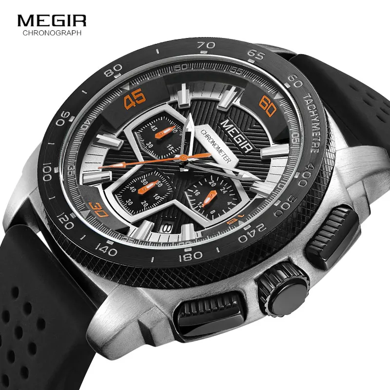 Megir Men\'s Army Sports Chronograph Quartz Watches Silicone Band 24 Hours Military Waterproof Wristwatch for Man 2056GS-BK-1