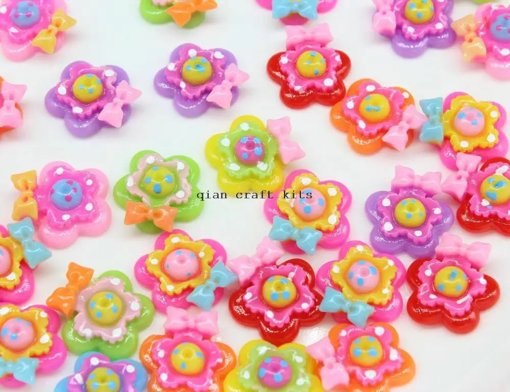 300pcs sun Flower w/ bows polka dots Resin Cabochons, Flower Shaped 20mm decoden sunflowers charm pendants