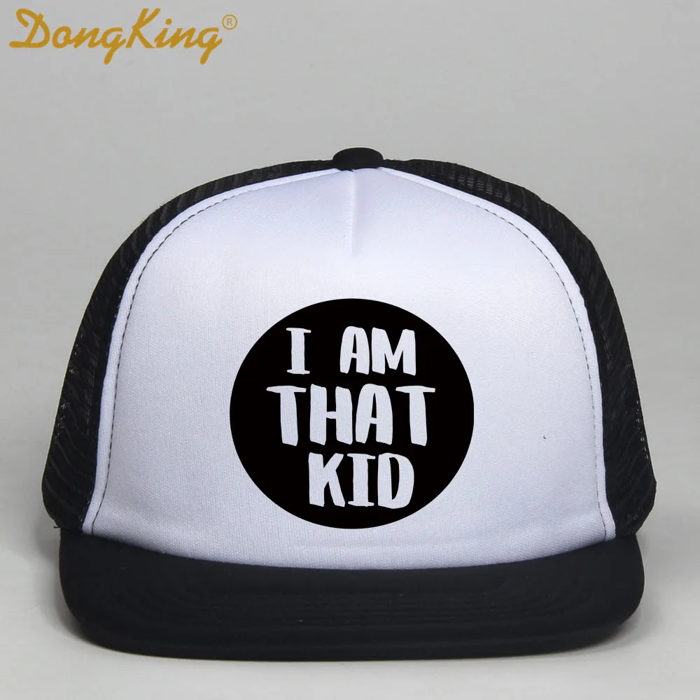 DongKing I AM THAT KID Boy Girls Hats Trucker Snapback Caps New Curved Bill Children Black White Trucker Cap For Kids