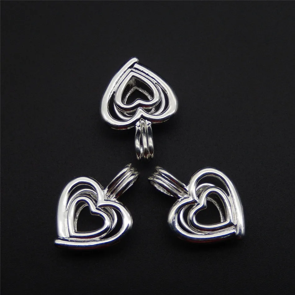 10pcs bright silver heart pearl cage necklace pendant, aroma oil diffuser adds your own pearl, stone makes it more attractive.