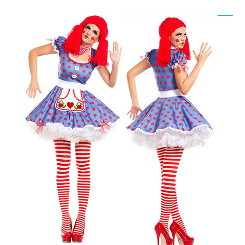 

Hot Sexy Halloween Party Circus Clown Costumes Outfit Cosplay Magic Show Funny Dots Strawberry Clown Dress m40481