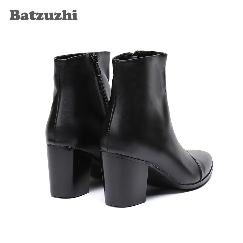 Batzuzhi Botas para Hombre, Botas de tacón alto de 7CM de cuero genuino, Botas de caballero negras hasta el tobillo para Hombre, Botas bonitas para