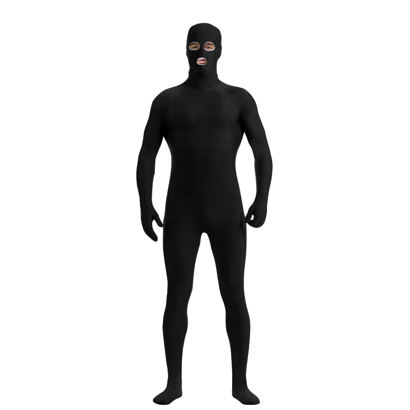 Ensnovo-traje Zentai de LICRA para hombre, nailon negro, cuerpo completo, segunda piel, ajustado, ojos abiertos, boca, Cosplay, Zentai negro