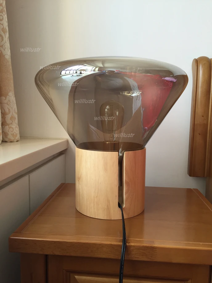 Willluster-木製ベースのモダンなテーブルライト、透明な煙、琥珀色、ガラスシェード、北欧デザイン、デスクランプ、ビンテージバルブ