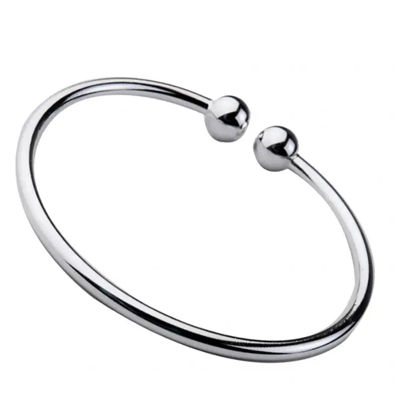 Lady Double Ball End Open Bangle Bracelet Free Size Adjustable Cuff Bracelet