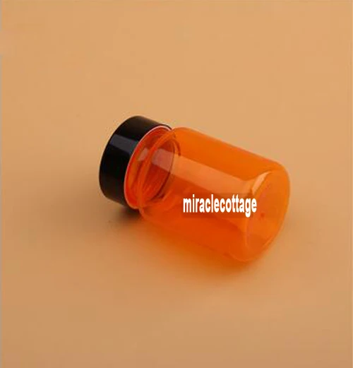 (100PCS/Lot) 80ML Translucent Orange PET Bottle Capsule Bottle,Medical Bottles,Tablets Bottles---Metal Bright Black Screw Cap