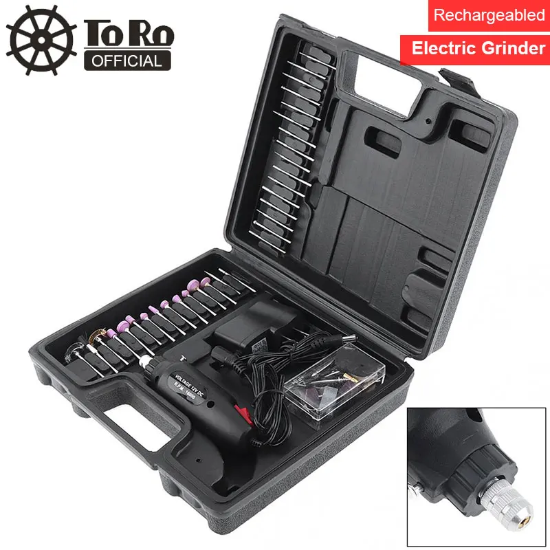 TORO 60pcs/set 110 / 220V Mini Rechargeable DC12V Electric Grinder with Various Wheelhead and Steel Wire Brush for Polishing