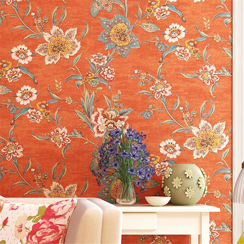 

wellyu American country retro pure paper wall paper orange red pastoral big flowers bedroom porch bedside background wallpaper