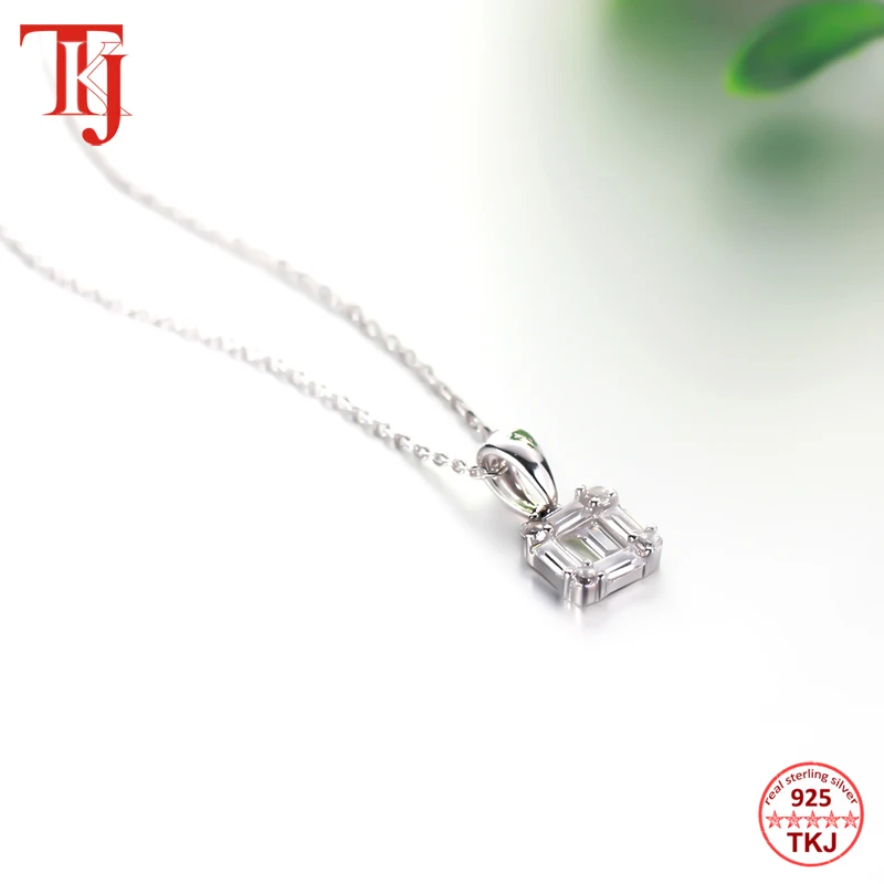 TKJ 925 Sterling Silver Women Necklaces Baguette  AAA+ CZ Zircon Pendant Necklace for Girls Chain Necklace Wedding Party Jewelry