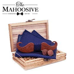 Homens Bigode Madeira Laço e Lenço, Conjuntos de Abotoaduras, Laço De Madeira, Bowknots Cravat, Terno, Dropshipping