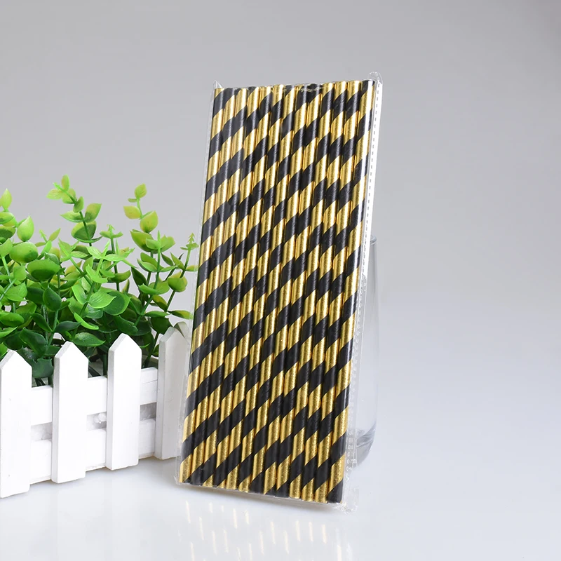 Free Shipping 500pcs(25pcs/pack) Gold Black Striped Paper Straws For Birthday Party,Wedding.Supply Biodegradable Paper Straws.