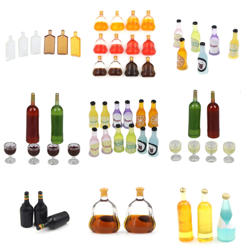 Mini vinho garrafa simulação bebidas modelo brinquedos para casa de boneca decoração, Dollhouse acessórios em miniatura, 1:12, 1, 2, 3, 6, 15 peças por conjunto