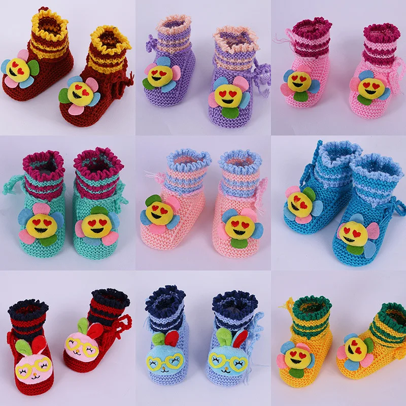 Newborn Baby Toddler Shoes 0-1 Year Old Baby Shoes Handmade Knitted Wool Shoe Hair Socks Embroidery Cartoon Bbaby First Walkers