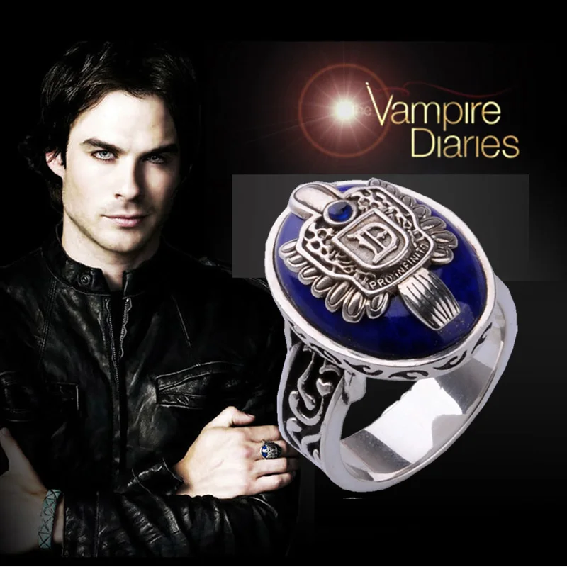 

Customize Vintage Vampire Diaries Ring Salvatore Family Damon D Black Onyx Stefan S S925 Blue Lapis Sliver Rings for Men Cosplay