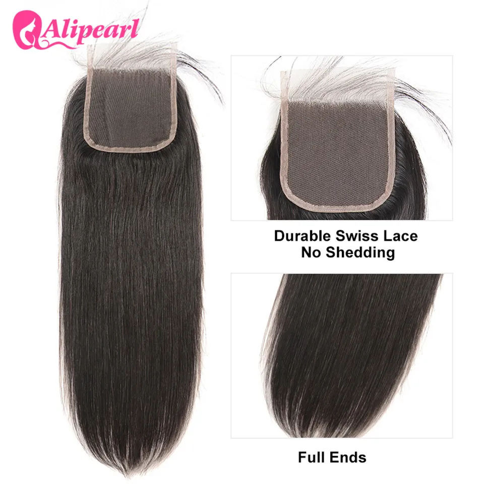 AliPearl-Straight Lace Encerramento Cabelo Humano com Cabelo de Bebê, Pré-Arrancado, Natural Preto, Peruano, 4x4