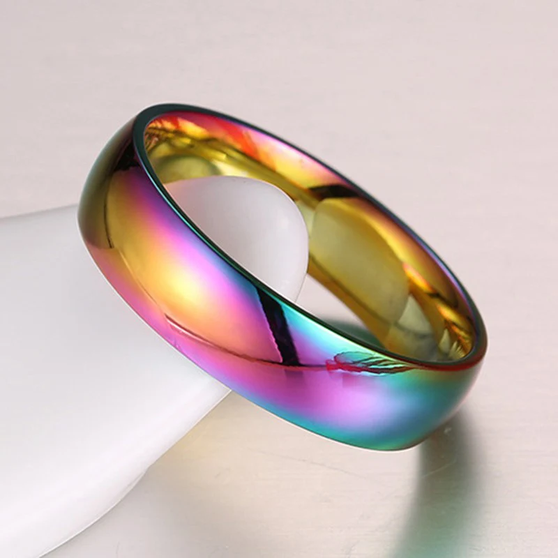 EKUSTYEE New Rainbow Colorful Rings for Women Trendy Cute Stainless Steel Wedding Ring Bands Jewelry Width 6mm