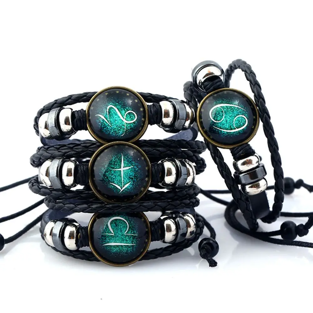 Hot 12 Constellations Handmade Leather Bracelet Zodiac Sign With Beads Bangle Bracelets For Men Boys Adjustable Fashion Jewelry