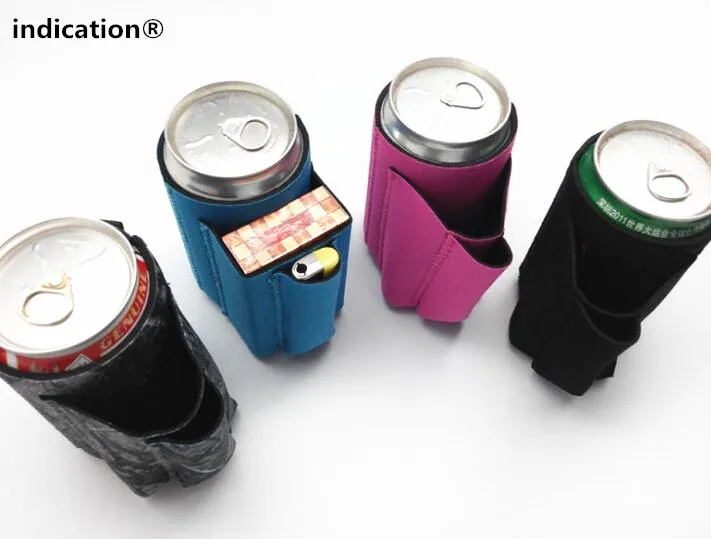 Neoprene insulated custom stubby holder can cooler With Cigarette case pocket for beer bottle sleeve cans wine food wedding bar