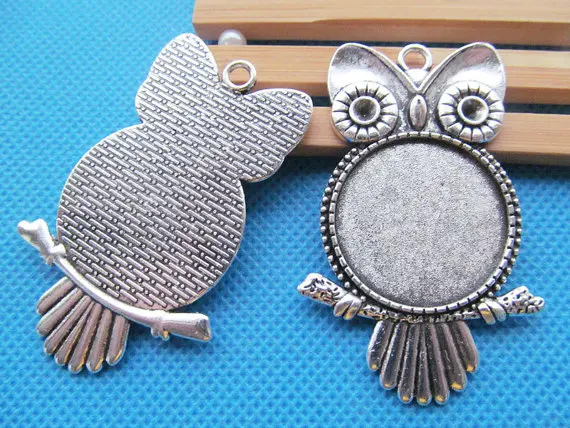 50pcs Antique Silver tone/Anique Bronze Night Owl Round Base Setting Tray Bezel Pendant Charm/Finding,fit 25mm Cabochon/Cameo