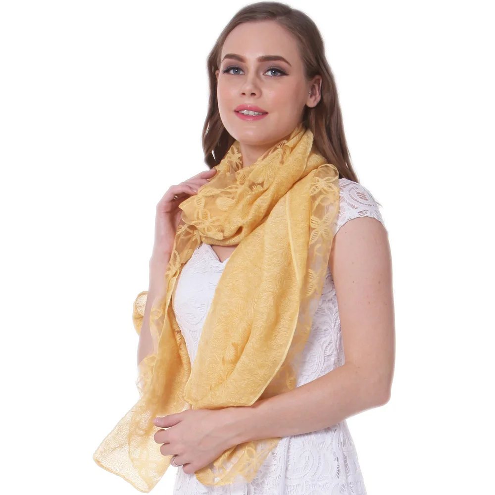 Mode Zijden Sjaal Lente Zomer Wrap Herfst Winter Hijab Stola foulard Top Kwaliteit Zachte Bloemen Transparant Geel Goud