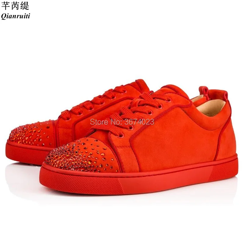 

Qianruiti Fashion Men Red Suede Sneakers Crystal Studs Flat Shoes Low Top Sneakers Lace Up Rubber Sole Male Shoes