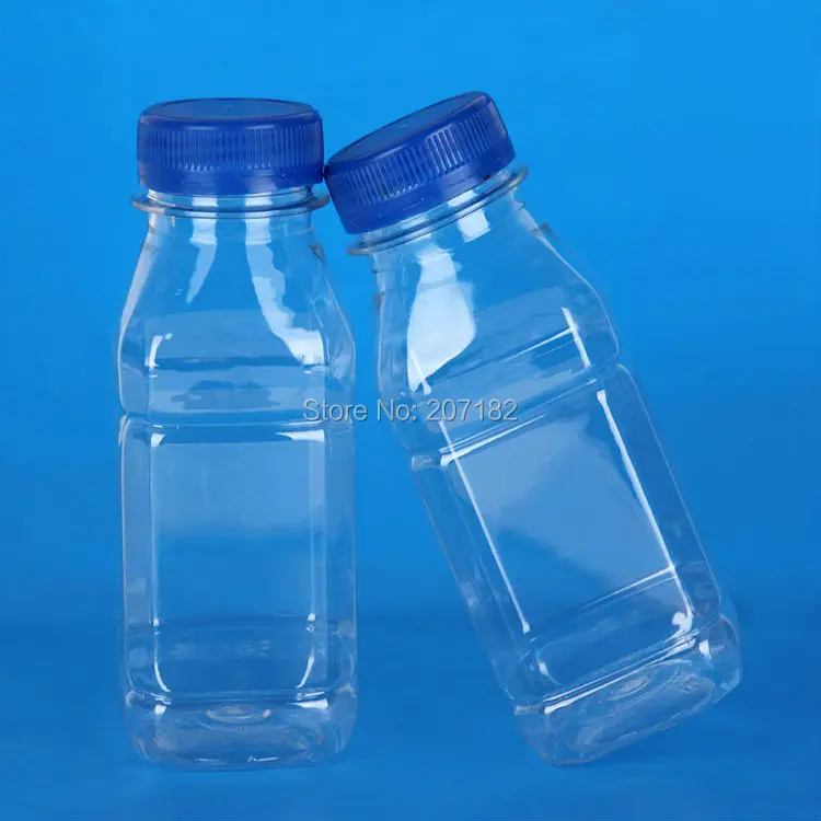 (100PCS/Pack) 250ml Transparent Square PET Liquid Bottle, Fruit Juice Bottle, Yogurt Bottle--Blue & White Cap Available