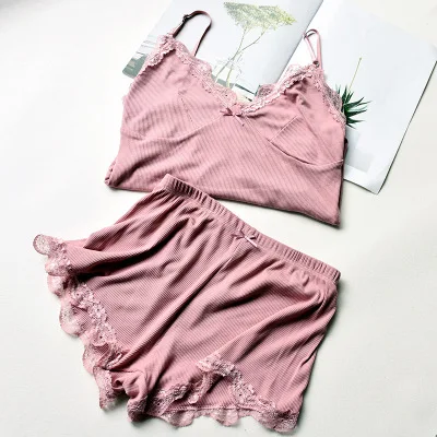 Two Piece Cotton Pajama Set Sexy Lace Top And Shorts Pyjamas Spaghetti Strap Sleepwear High Elastic Pijama Nightie Home Clothes