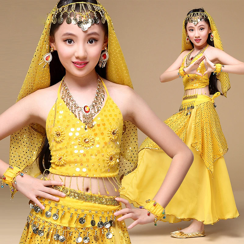 

Children Indian Dance 5-piece Costume Set (Top, Belt, Skirt Bracelets And Veil) Indian Girls Bollywood Dance Costumes