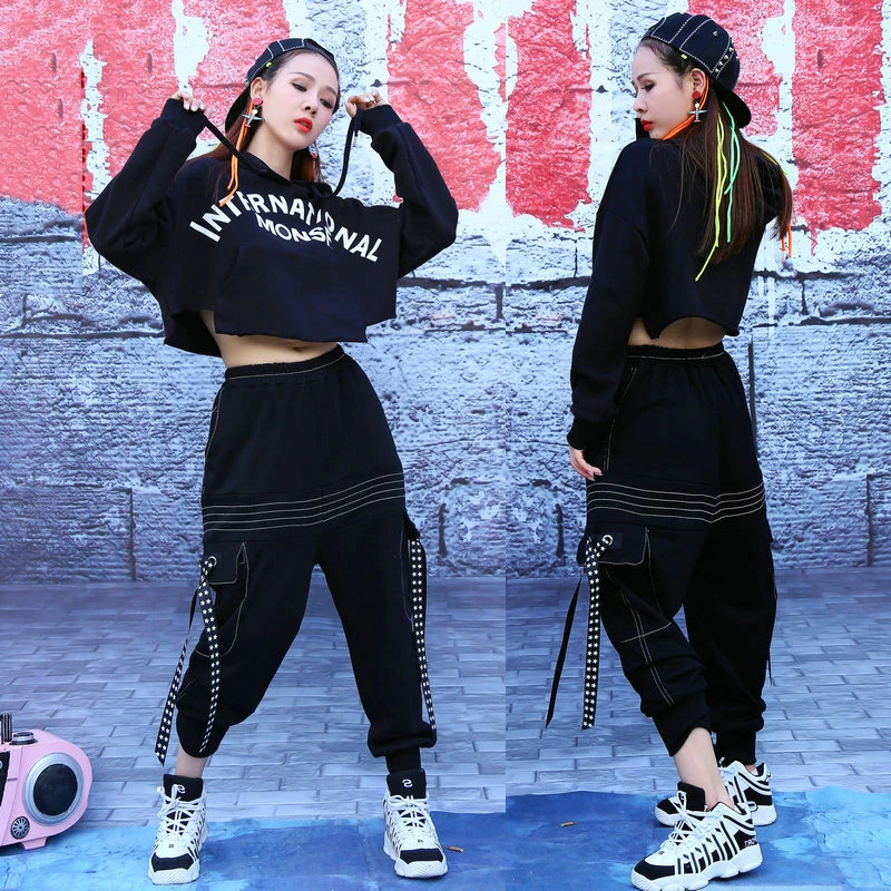 Hip Hop Dancing Clothes Jazz Costume Black Loose Hooded Sweatshirt Cargo Pants Women Street Dance Wear Dj Ds Rave Outfit DT1042