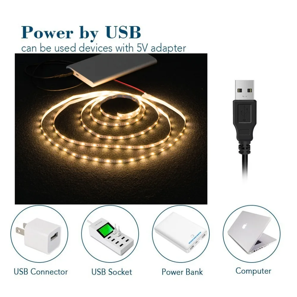 WELPUR battery 5V USB LED Strip 2835 DC LED Light Flexible 50CM 1M 2M 3M 5M white warm  For TV Background Lighting Night light