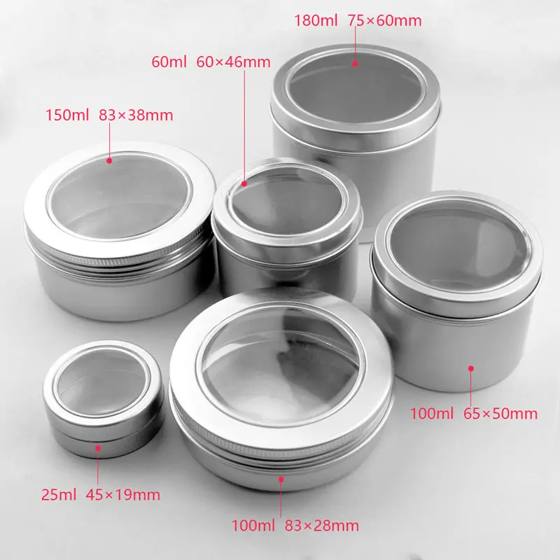 

25ml 60ml 100ml Aluminum Cosmetic Cream Jar Window Cap, 150ML Metal Jars, 180ML Aluminum Box, Packing Tins Container F20171109