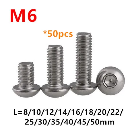 50pcs ISO7380 M6 Screws Hex Socket Button Head Cup Screws M6*8/10/12/16/18/20/25/30/50mm A2-70 Round head Bolts SUS304