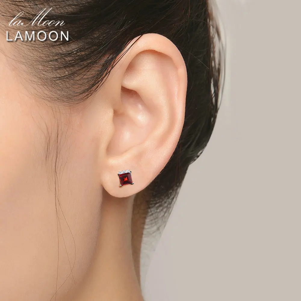 LAMOON Simple Style 4mm 100% Square Natural Red Garnet 925 sterling-silver-jewelry  Stud Earring S925 LMEI047