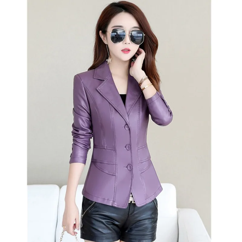 UHYTGF 5XL Quality Leather Jacket Women Spring Autumn Coats Outerwear Female Suit Collar Slim Short Leather Jackets Ladies 816