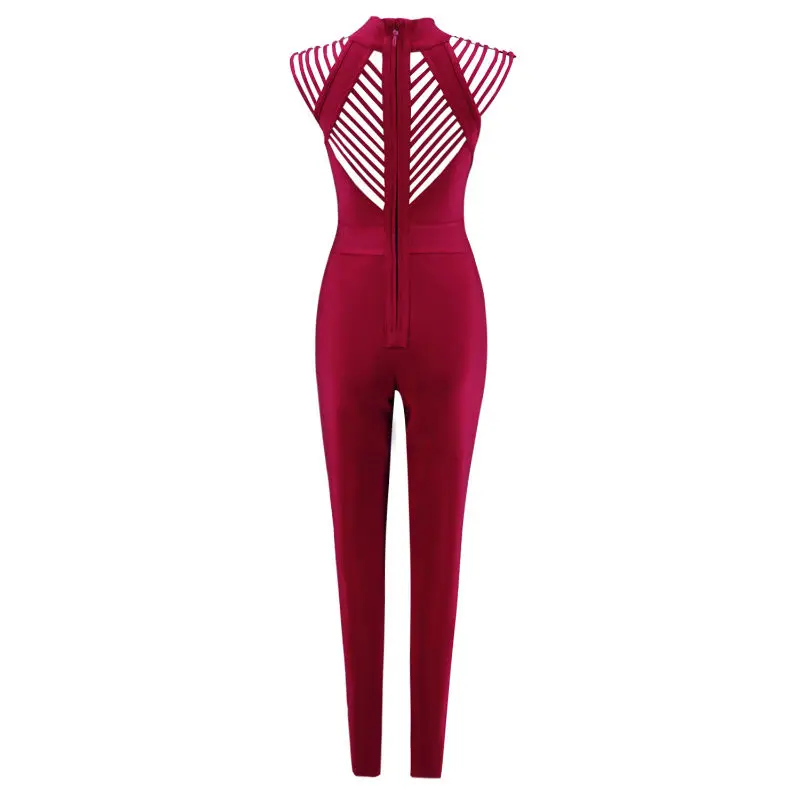 New Fashion women bodycon bandage jumpsuits wine red rayon knitted casual bandage bodysuit evening club party pencil pants