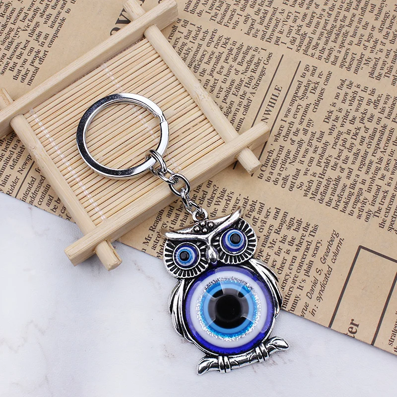 Lucky Eye Blue Evil Eye Owl Lucky Charm Protection Tassel Hanger Crystals Car Keychain For Women Men