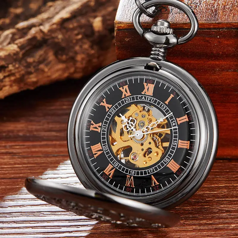 Vintage Black Mechanical Pocket Watch Retro Dragon Phoenix Hand Winding Hollow Fob Watch Men Women Necklace Chain Gift