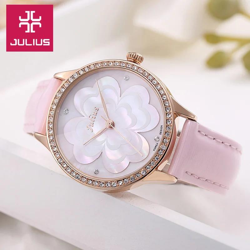 

Mother-of-pearl Four-leaf Clover Julius Lady Women's Watch Fashion Hours Bracelet Real Leather Girl's Birthday Gift No Box