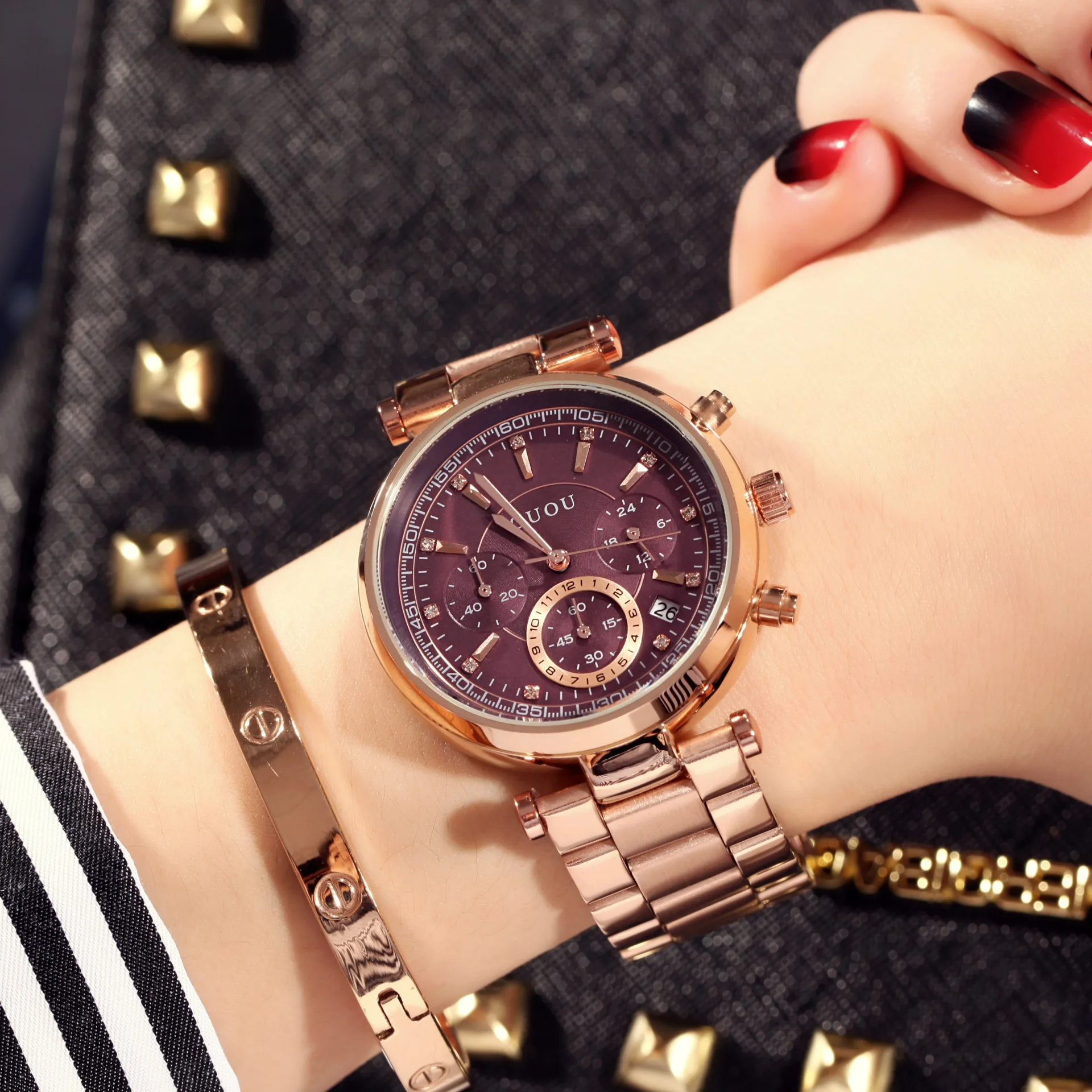 2018 TOP GUOU Brand Fashion Real 3 Eyes Work Rose Gold Steel Quartz Women Ladies Wrist Watch Bracelet Calendar Japan Movt Clock