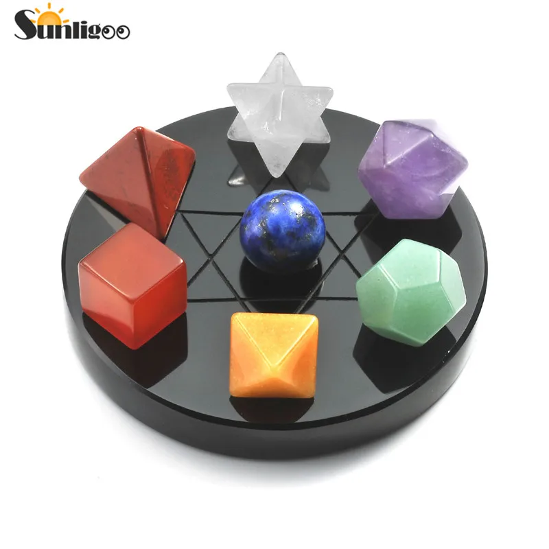 Sunligoo 7 Chakra Crystal Platonic Solids Geometry W/ Black Obsidian Base Reiki Healing Polishing Tumbled Energy Yoga Gemstones