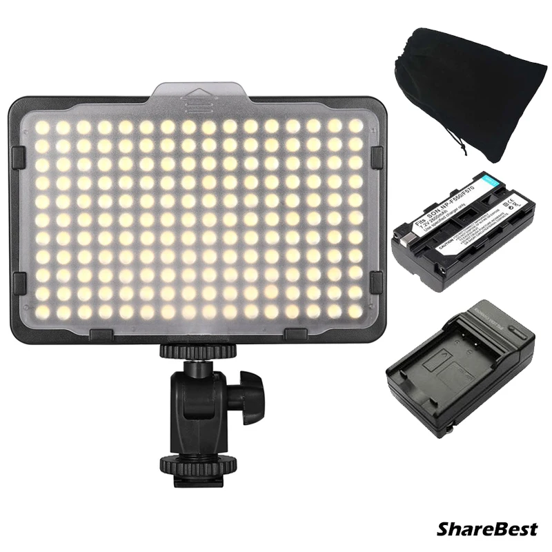 PT-176S 176 LED Ultra Bright 5500K Dimmable On Camera Video Light with Battery and Charger for Canon Nikon Sony DSLR Cameras