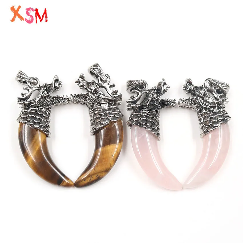 XSM Punk Style Natural Tiger Eye Stone Rose Pink Quartzs Loong Head Wolf Tooth Pendants for Necklaces Fashion Jewelry Gift 1 Pcs