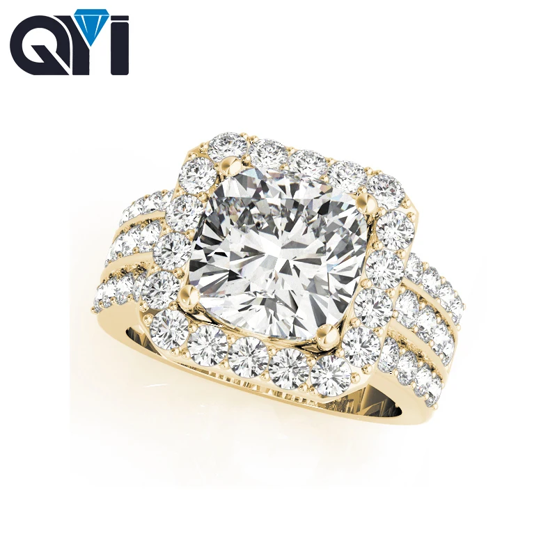 QYI 3 Carat 14k Yellow Gold Halo Engagement Rings Round Cut Moissanite Diamond Multi Row Female Ring For Women