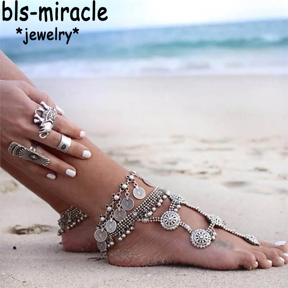 Bls-miracle Bohemia Summer Hot Fashion Foot Jewelry Metal Tassel Vintage Charm Coin Anklets Gift For Woman Beach Anklet  A-12